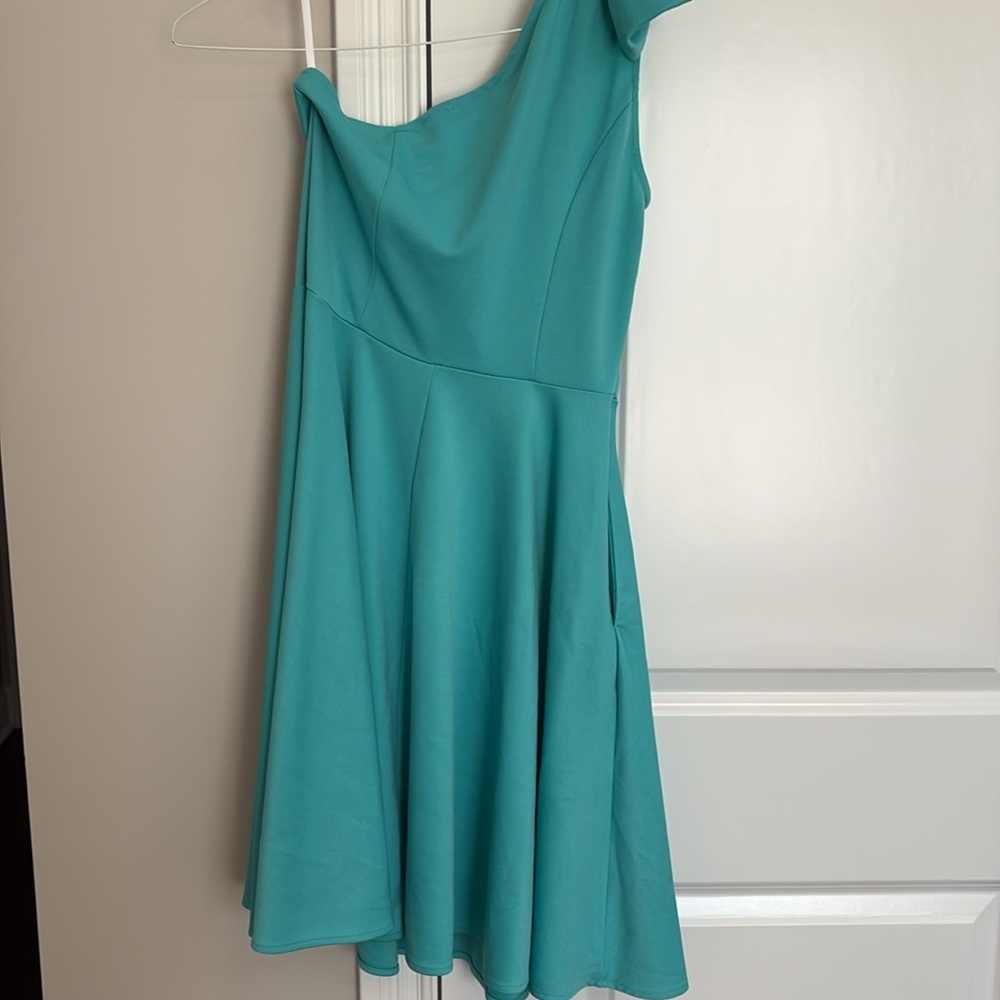 Teal one shoulder cocktail dress size m with pockets - Picture 7 of 8